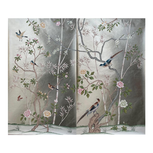 Silver Leaf Chinoiserie Hand-Painted Bird & Floral Wall Panels (Set of 2) For Sale