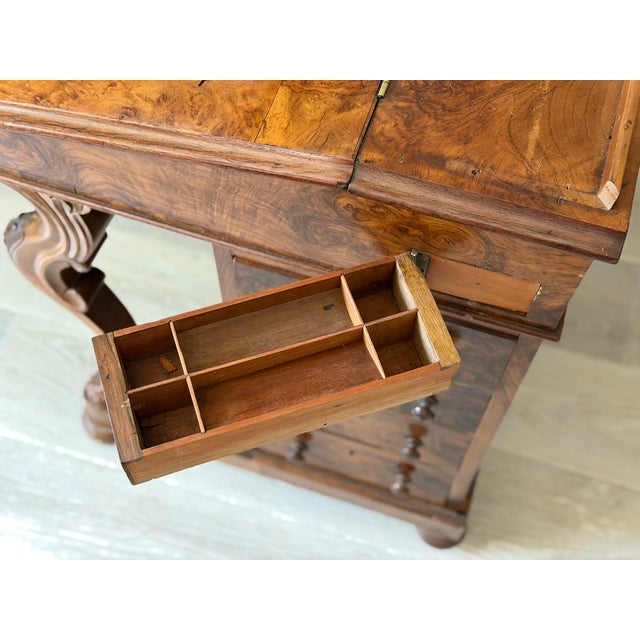 Brown Antique Victorian Burl Walnut Wood and Leather Davenport Writing Table Secretary Desk For Sale - Image 8 of 18