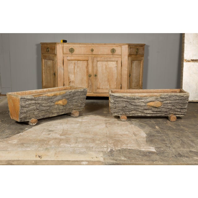Rustic Pair of Faux Bois Midcentury Trough Shaped Concrete Planters, circa 1930 For Sale In Atlanta - Image 6 of 12
