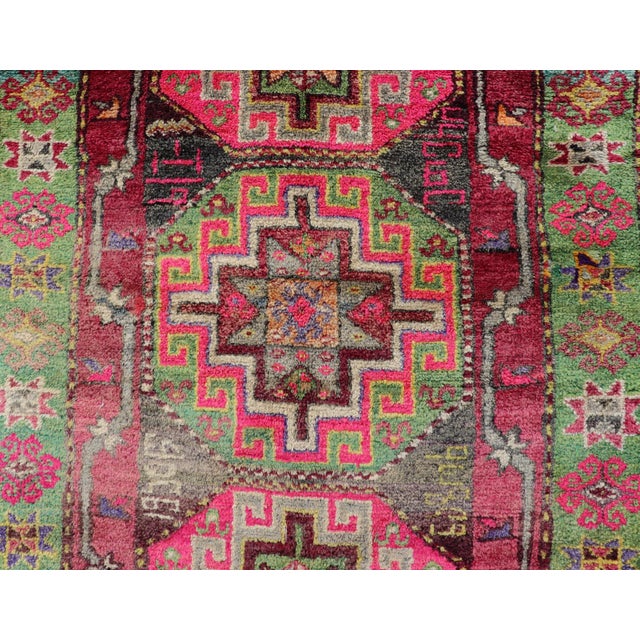 Pink Vintage Caucasian Kazak Rug With Triple Medallions in Pink and Green 3'10 X 7'0 For Sale - Image 8 of 12
