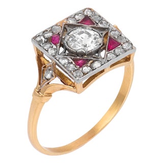 19th Century Victorian Old European Cut Diamond Ruby 18k Yellow Gold Platinum Ring, Size 8.5 For Sale