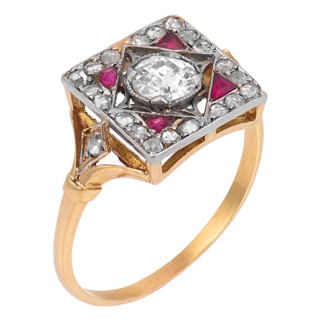 19th Century Victorian Old European Cut Diamond Ruby 18k Yellow Gold Platinum Ring, Size 8.5 For Sale