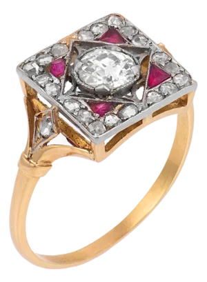 19th Century Victorian Old European Cut Diamond Ruby 18k Yellow Gold Platinum Ring, Size 8.5
