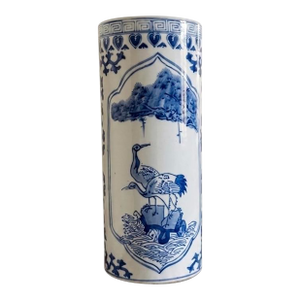 Vintage Blue & White Porcelain Crane & Scholar Cylinder Vase