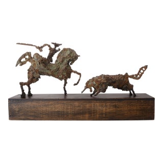 Mid Century Brutalist Bronze Picador & Bull Sculpture For Sale