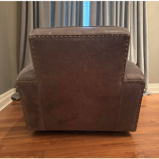 Modern Rh Restoration Hardware Leather Library Swivel Chair With Nailheads For Sale - Image 3 of 7