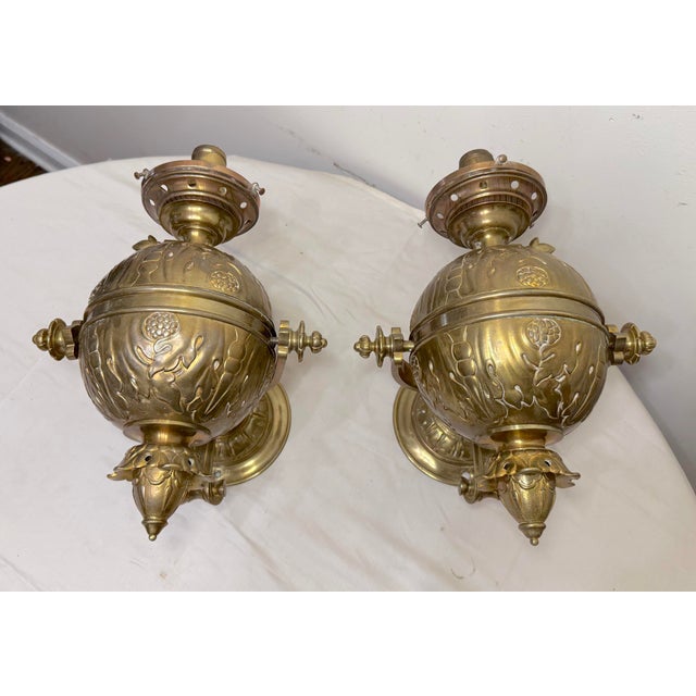 Brass Large Heavy Pair Antique 1800's Electric Sphere Brass Wall Gas Sconces Fixture For Sale - Image 8 of 18