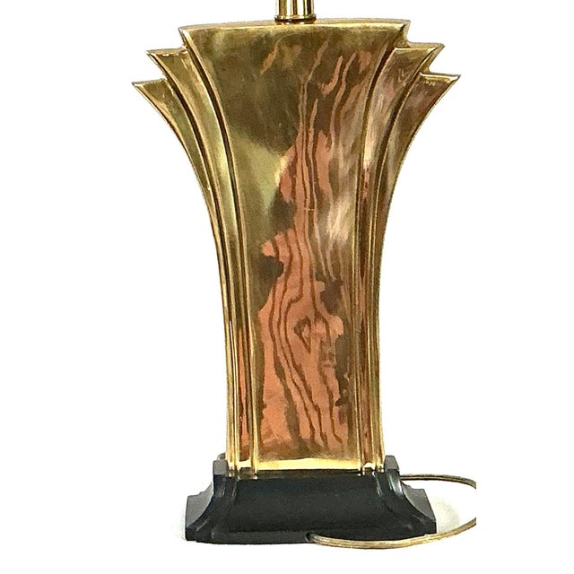 1970s Stiffel-Hollywood Regency Brass Fan/Lotus Black Stepped Base Table Lamp For Sale - Image 6 of 10