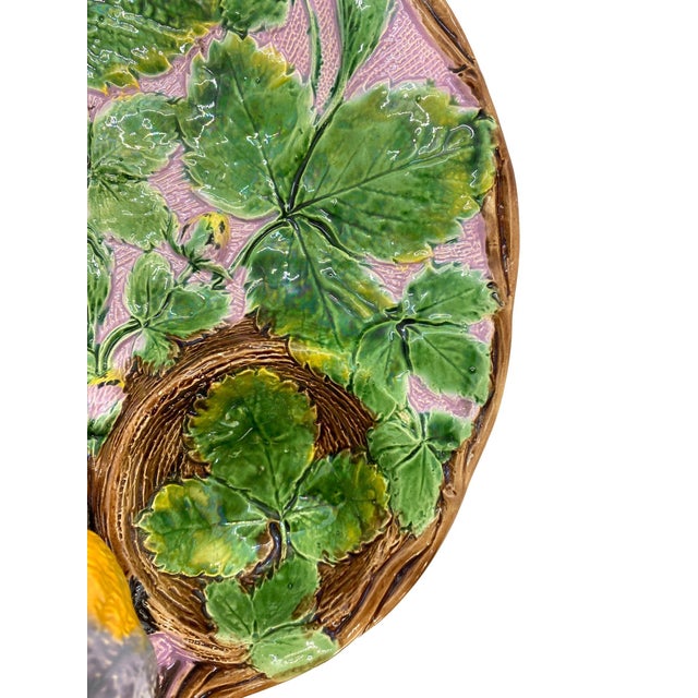 Cream Holdcroft Majolica Strawberry Server With Bird, Cream and Sugar Wells, Ca. 1875 For Sale - Image 8 of 12
