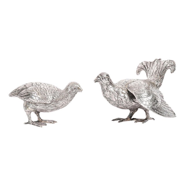 Antique Belgian Silver Grouse Game Birds, 19th Century, Set of 2 For Sale