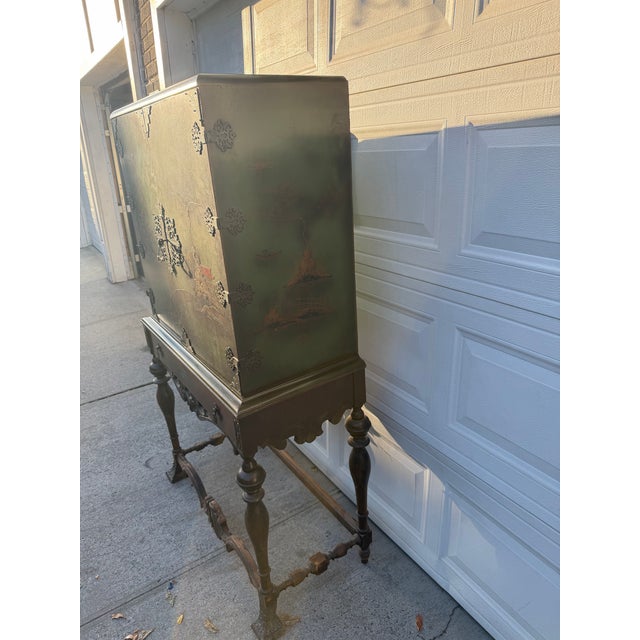 Vintage Chinoiserie Green Lacquer Cabinet With Hand Painted Asian Scenes and Ornate Carved Base For Sale - Image 4 of 12