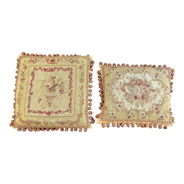 Vintage French Country Style Floral Needlepoint Throw Pillows – Set of 2 For Sale