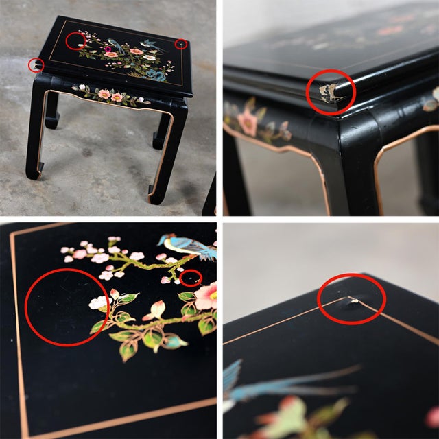 Late 20th to Early 21st Century Distressed Chinoiserie Pair Black Lacquered End or Side Tables Ming Style Feet For Sale - Image 9 of 12