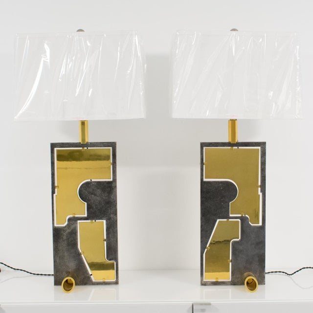 Pair of Industrial Brutalist Brass and Steel Table Lamp, Circa 1980 For Sale - Image 4 of 12