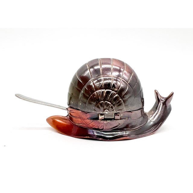 Mid 20th Century Patinaed Silver Plated Snail Salt Cellar — Hinged Shell, Plastic Liner & Spoon- Boho Chic, Coastal For Sale In Houston - Image 6 of 9