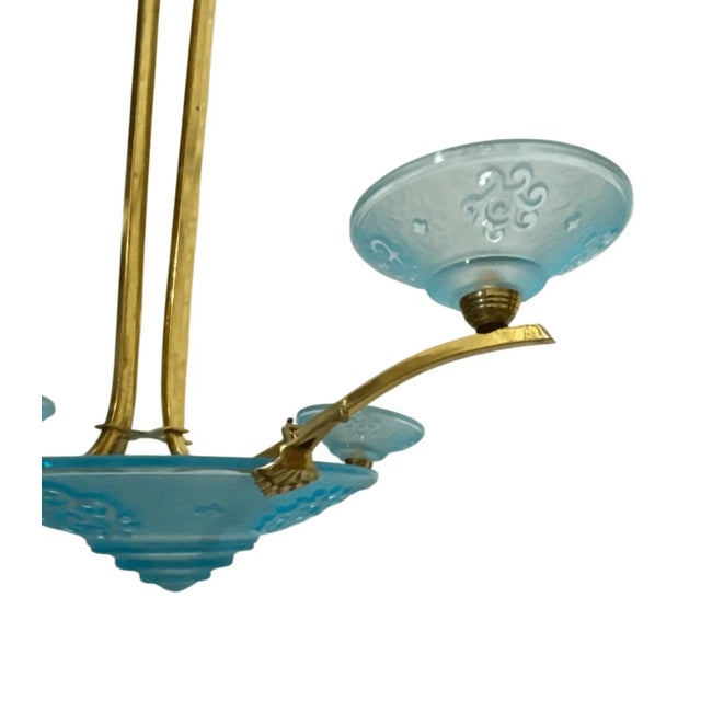 Vintage Chandelier Light Swedish Art Deco Style Plated Brass & Aqua Blue Frosted For Sale - Image 9 of 11