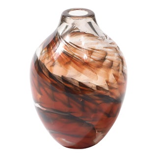 Mid-Century Hand-Blown Signed Glass Vase W/ Spiral Smoked & Flame Orange Details For Sale