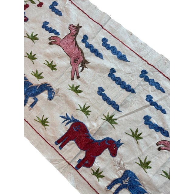 Mid-Century Modern Horse Suzani Wall Hanging, Blue Clouds For Sale - Image 3 of 5