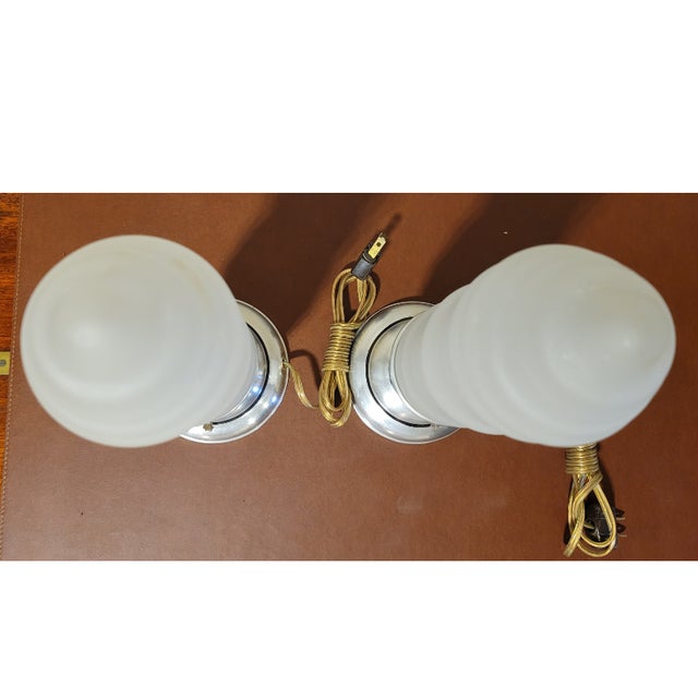 Pair of Antique Art Deco Bullet Lamps/Bedroom Boudoir Lamps. The base is chrome in a skyscraper design, which is very...