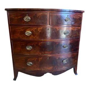 Antique Flame Mahogany Bow Front Chest of Drawers. Early 19th Century