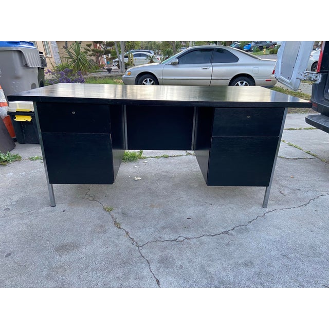 Vintage Mid Century Florence Knoll Double Pedestal Executive Desk Chrome Wood For Sale - Image 9 of 12