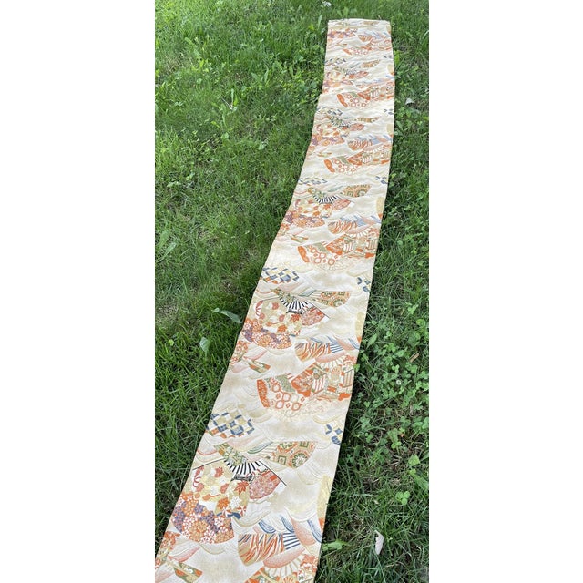 Japanese Silk Brocade Fukuro Obi Belt - Crane & Fan Motifs For Sale - Image 4 of 4