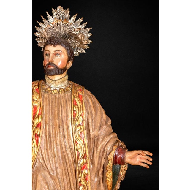 Spanish Artist, Colonial Sculpture of Saint Francis Xavier, 18th Century, Polychrome Wood For Sale - Image 6 of 11
