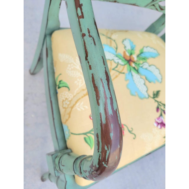 Vintage Distressed Green Brown Fretwork Upholstered Brunschwig Fils Yellow Floral Side Chairs- A Pair For Sale - Image 11 of 15