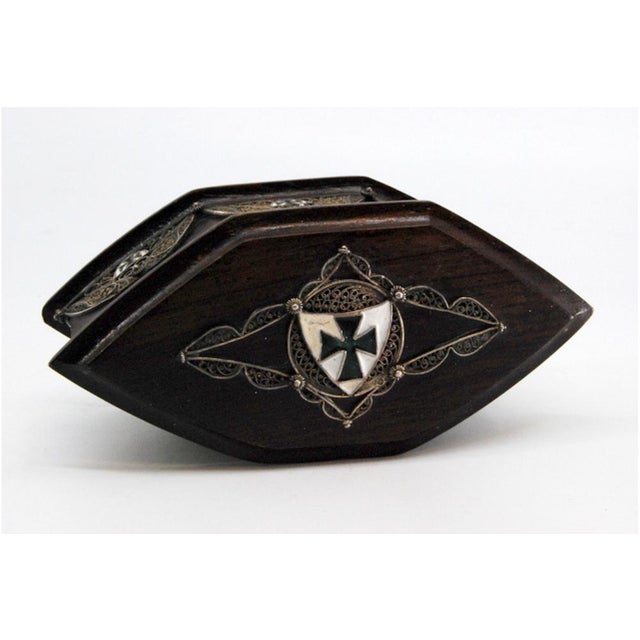 Wooden Jewelry Box with Silver Coat of Arms Applications and Velvet Interior For Sale - Image 4 of 11