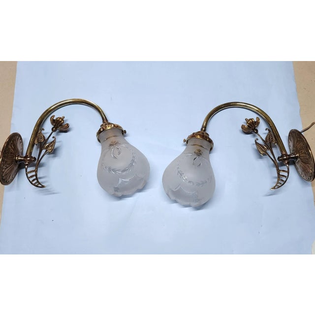 Art Nouveau Pair Vintage Art Nouveau Wall Sconces in Brass & Frosted Glass Shade Ship Light For Sale - Image 3 of 5