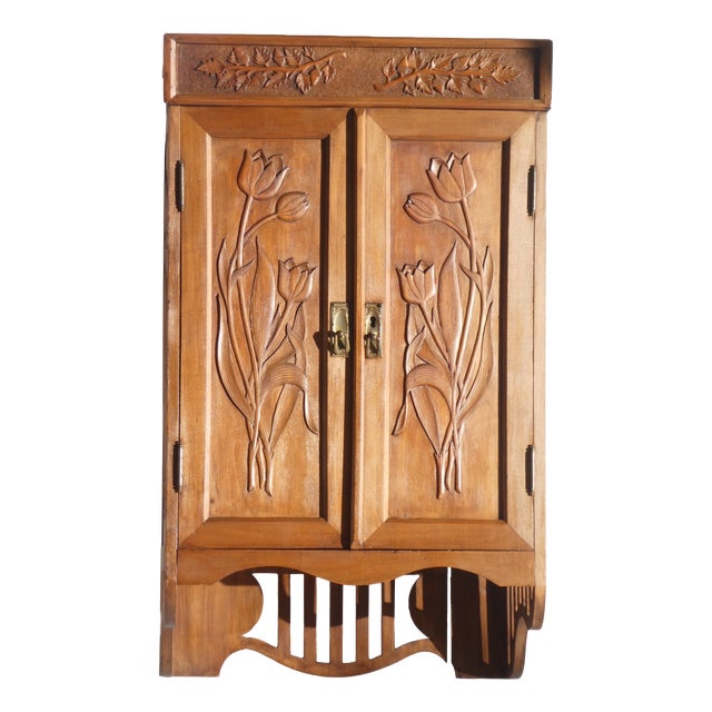 Antique Art Nouveau Carved Wooden Cabinet with Floral Details, 1920s For Sale