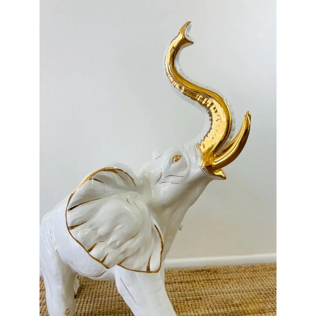 Vintage 1980s Huge White & Gold Ceramic Statue With Trunk Up / Blanc De Chine For Sale In Palm Springs - Image 6 of 10