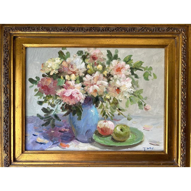Impressionist Late 20th Century Impressionist Floral Still Life Painting of Peonies and Apples For Sale - Image 3 of 12