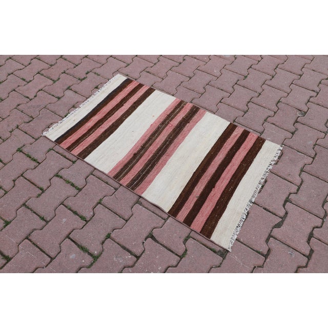 Rustic 1970s Antique Cream Striped Small Rug For Sale - Image 3 of 9