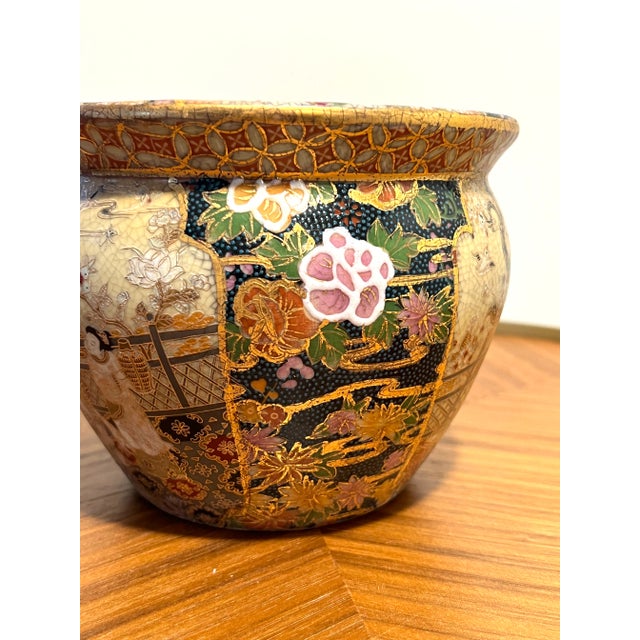Mid 20th Century Vintage Satsuma Style Porcelain Fishbowl Planter Floral and Keisha Design With Koi Interior For Sale - Image 5 of 15