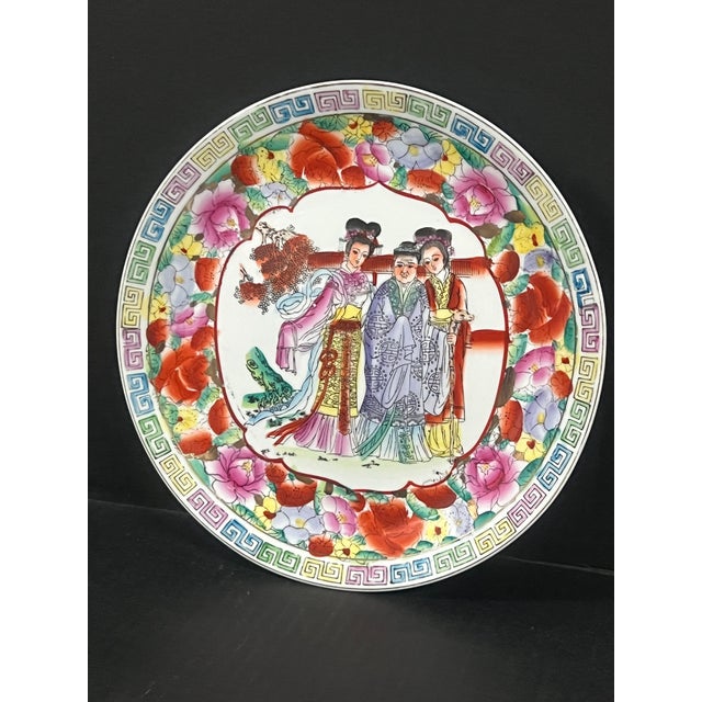 Late 20th Century Chinese Art Porcelain Famille Rose Plate With Floral and Court Lady Design For Sale - Image 5 of 8