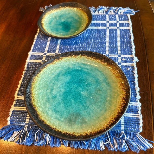 Set of Handmade pottery. Burnt edges. Iridescent glazing. Rough bottom. Given as a gift. Probably bought at Clarksville...