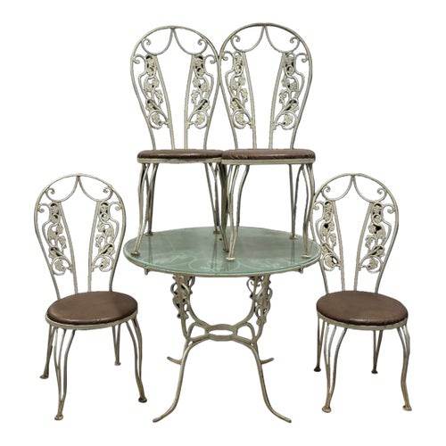 Mid 20th Century Wrought Iron Patio Dining Table With Etched Glass