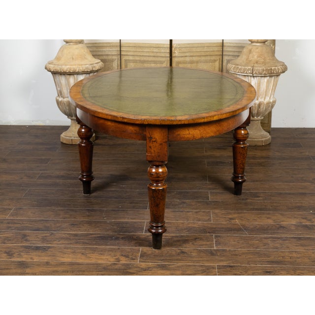 Wood English 19th Century Mahogany Table with Green Leather Oval Top and Turned Legs For Sale - Image 7 of 12