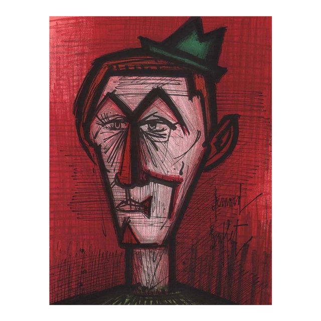 Bernard Buffet Original Lithograph Clown on Red Background 1967 For Sale