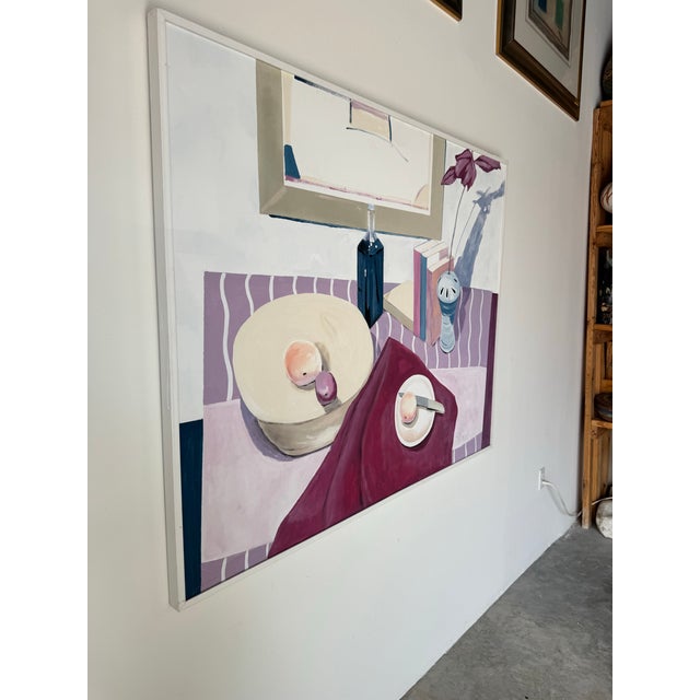 Large - 1993 Vintage Still Life “Stripe Cloth” Oil Painting by S. Lewis/ Sold For Sale - Image 10 of 11