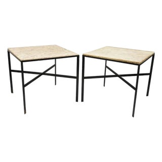 Mid Century Modern Paul McCobb Style Wrought Iron Marble Square Side Table Pair For Sale