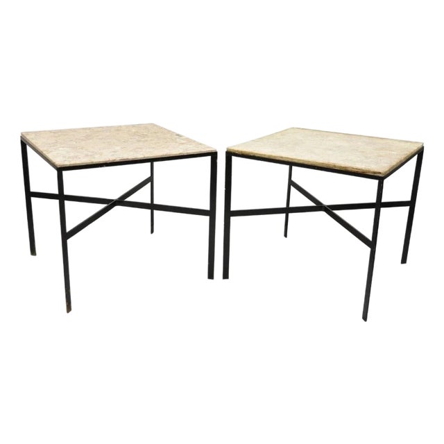 Mid Century Modern Paul McCobb Style Wrought Iron Marble Square Side Table Pair For Sale