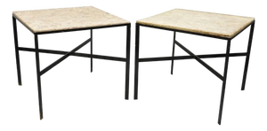Mid Century Modern Paul McCobb Style Wrought Iron Marble Square Side Table Pair