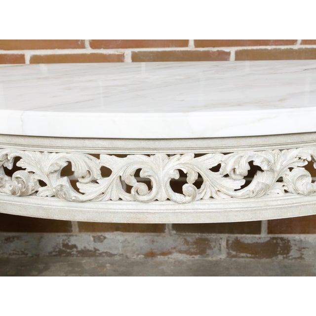 Pair of French Louis XVI Style Painted Demilune Console Tables with Marble Tops For Sale - Image 10 of 12