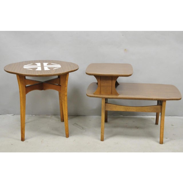 Mid-Century Modern Vintage Mid Century Modern Walnut & Formica Round & Step Side Table Set - 2 PCS For Sale - Image 3 of 16