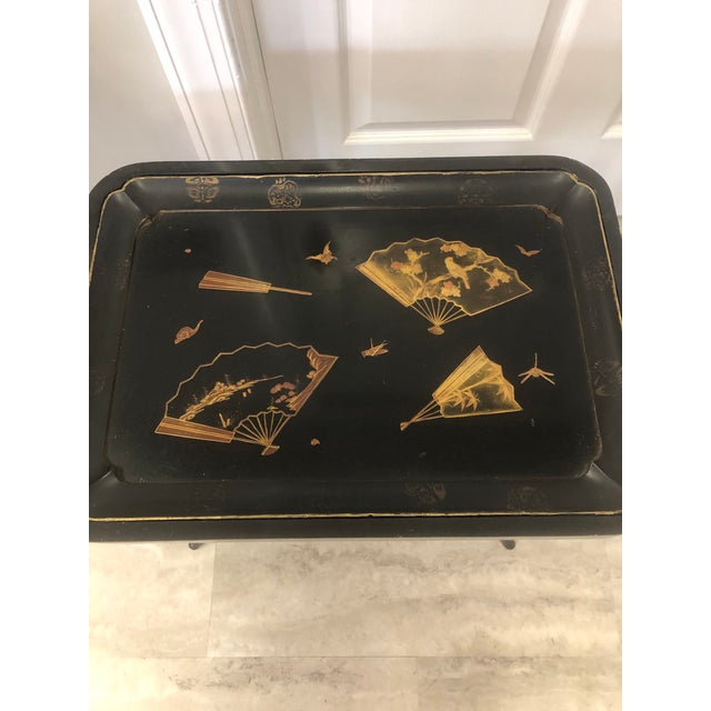 Antique circa 1900 Asian hand painted lacquered tray on bamboo style stand.