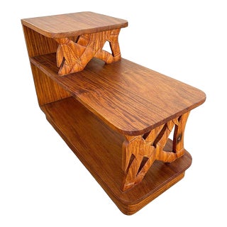 1940s Restored Hand Carved Koa Wood 3 Tiered Side Lamp Table With Bamboo Motif For Sale