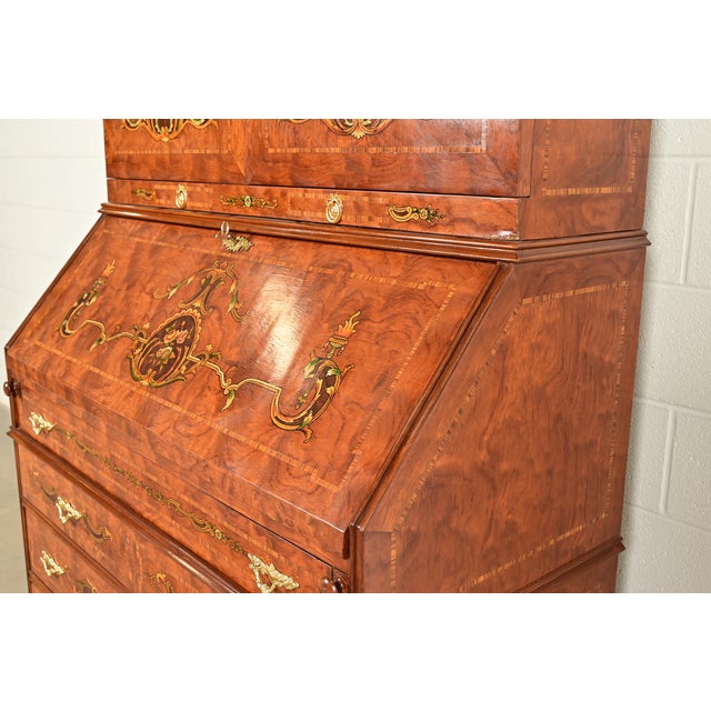 Baker Furniture Style Georgian Burl Wood Inlaid and Hand Painted Drop Front Secretary Desk With Bookcase Hutch Top For Sale - Image 9 of 15