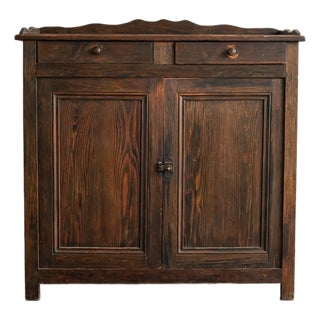 Antique Rustic Pine Two-Door Cabinet With Drawers & Scalloped Gallery For Sale